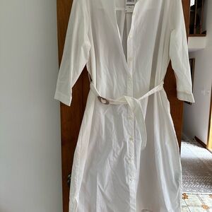 Mango White Long Sleeve Plunge Shirt Dress